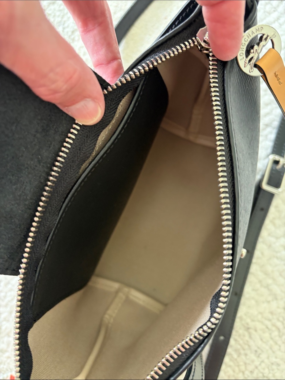 Longchamp Black Crossbody with Tan Leather Pull Tab - Picture 7 of 11